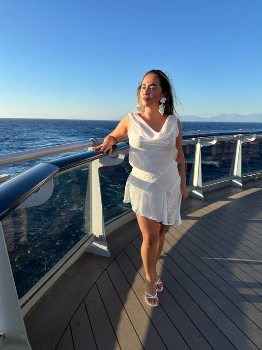 Milos Dress – Luxe Patchwork Silk Chiffon & Lace Mini Bridal Gown