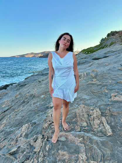 Milos Dress – Luxe Patchwork Silk Chiffon & Lace Mini Bridal Gown