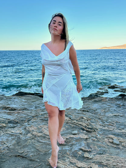 Milos Dress – Luxe Patchwork Silk Chiffon & Lace Mini Bridal Gown